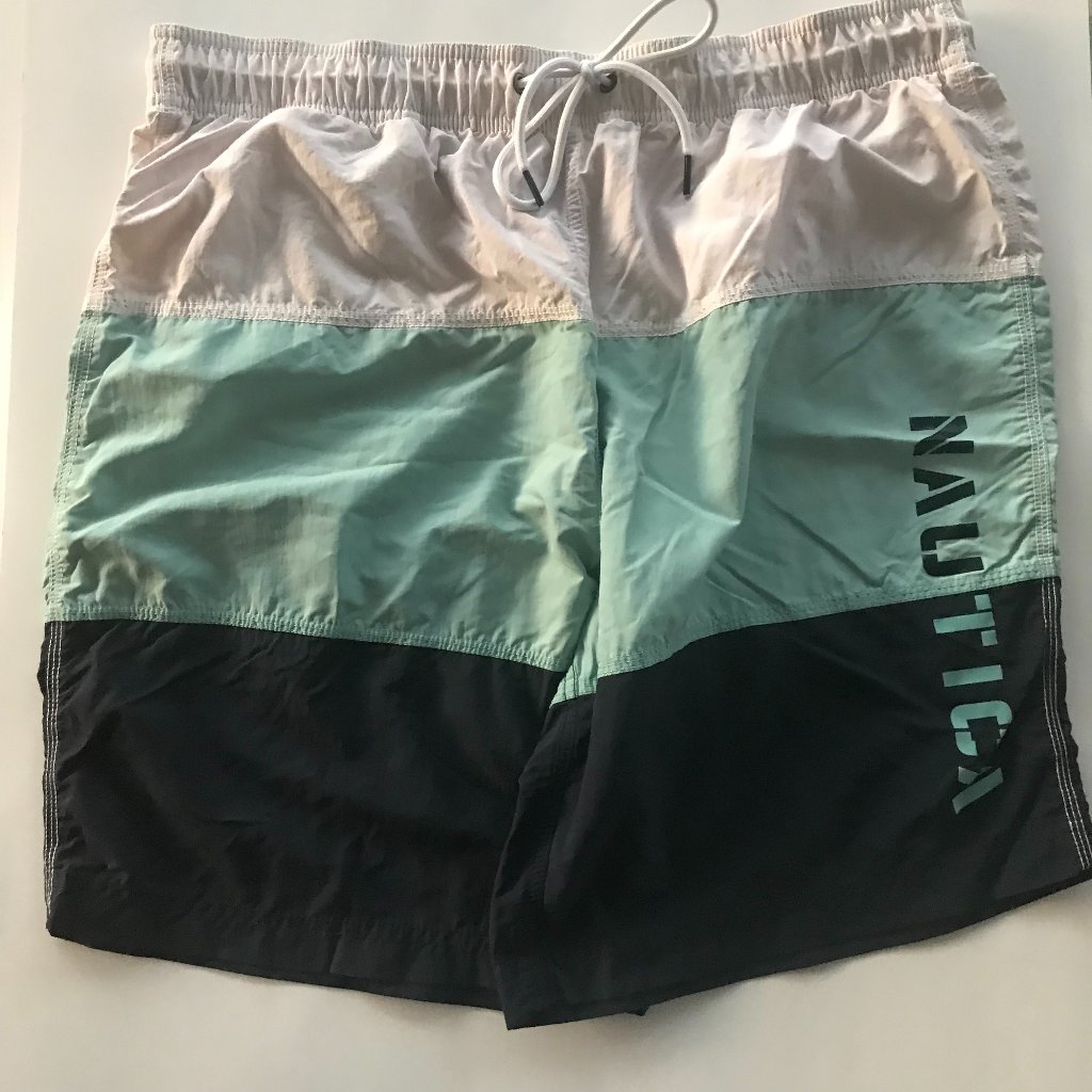 Nautica Ombre Men's Swim Suit Board Shorts Size L Teal Blue Nautical Stripes A18